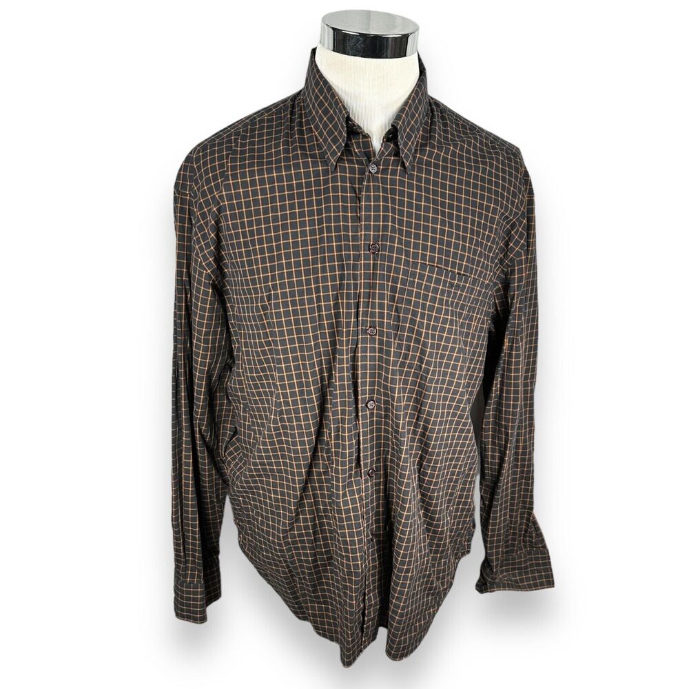Artioli Shirt Men’s Large Black Brown Orange Check Long Sleeve‎ Button Up Cotton
